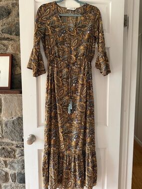 Paisley Tie-Waist Maxi Dress in Mustard and Blue